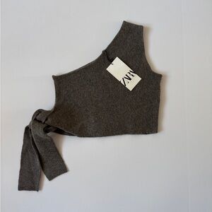 Zara NWT Asymmetrical Tie Knit Charcoal Crop Top - Size S